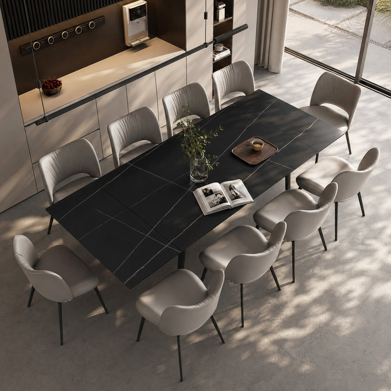 11-Piece Modern Extendable Dining Set, 94.5" Black Marble Look Table with 10 Grey Upholstered Chairs, Tapered Legs, Black