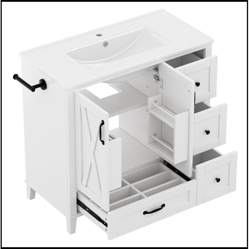 Meuble-lavabo de salle de bain avec lavabo, 4 tiroirs de rangement, tablettes de porte et tablette réglable, White