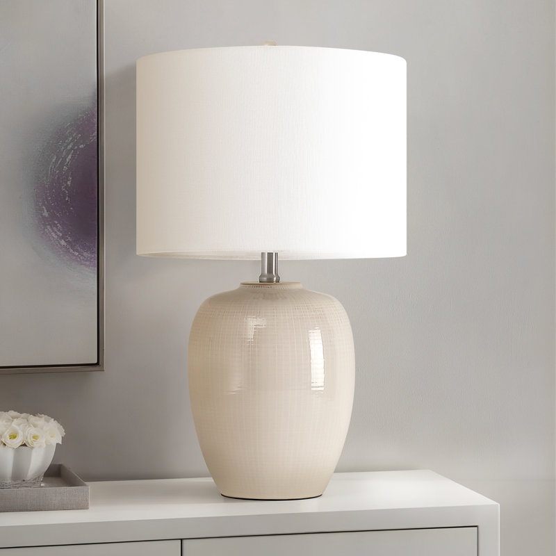 23 po Lampe de table en céramique blanche à 3 voies avec abat-jour tambour, Ivoire blanc