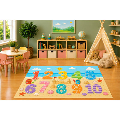 "Ultra Lightweight" 5'x7' Beach Numbers Learning Area Rug, Educational Counting Numbers Sandcastle Seashells Ocean Kids Playroom Classroom Bedroom Decor, Non-Slip Silicone Backing Low Pile