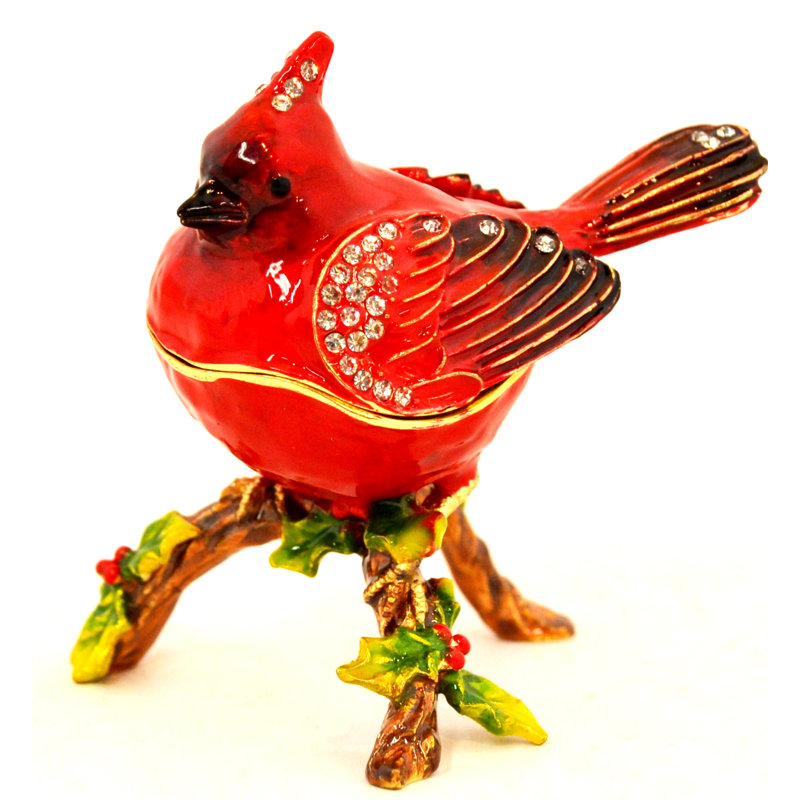 Cardinal Bird on Branch Trinket Box. Hand Crafted with Austrian Crystals