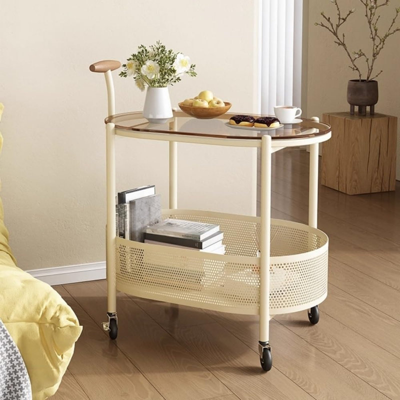 Table d'appoint ovale à 2 niveaux avec roulettes verrouillables et rangement