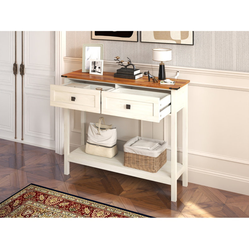 Farmhouse Style Console Table With 2 Drawer And Bottom Storage Shelf For Entryway, Espresso/White