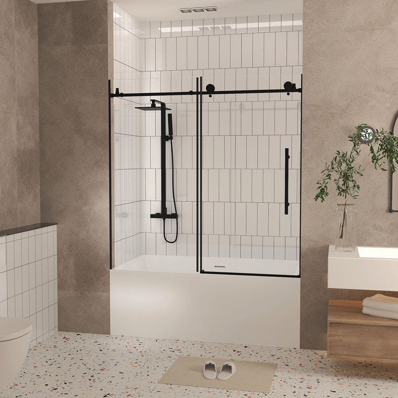 Frameless Shower Door 56-60 "W X 60" H, 1/4 "(6 Mm) Clear Tempered Glass, Explosion Proof Film, Stainless Steel Handle, Matte Black
