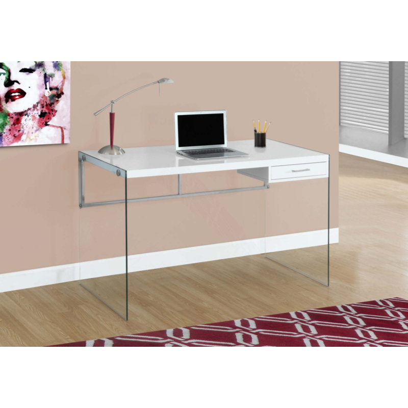 Bureau d'ordinateur, bureau personnel, ordinateur portable, tiroirs de rangement, bureau, verre trempé transparent, contemporain, moderne