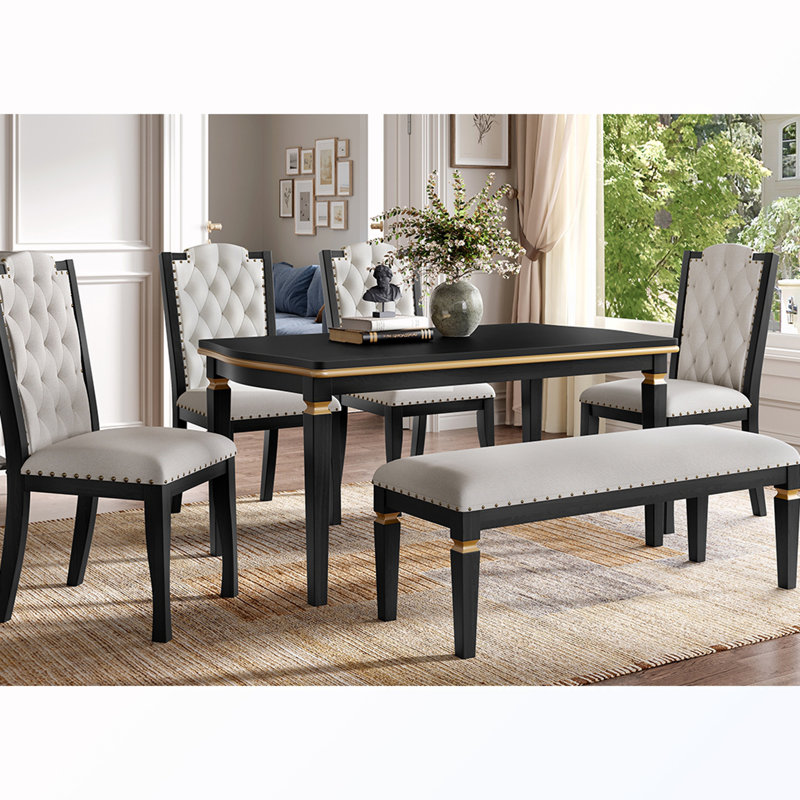 Ensemble de table de salle à manger 6 pièces avec 4 chaises capitonnées et 1 banc, Black, Black, Black&Beige, Black