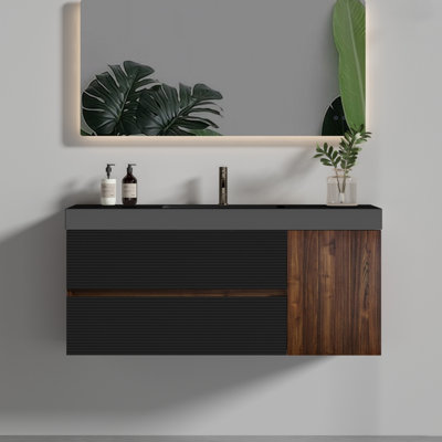 48" Bathroom Vanity In Walnut And Black, Wall Mounted, E0 Water - Based Lacquer Finish, U Shaped Drainage Drawers, Large Storage Space With Matt Black Engineered Quartz Sink, 1 Door 2 For Resistance,