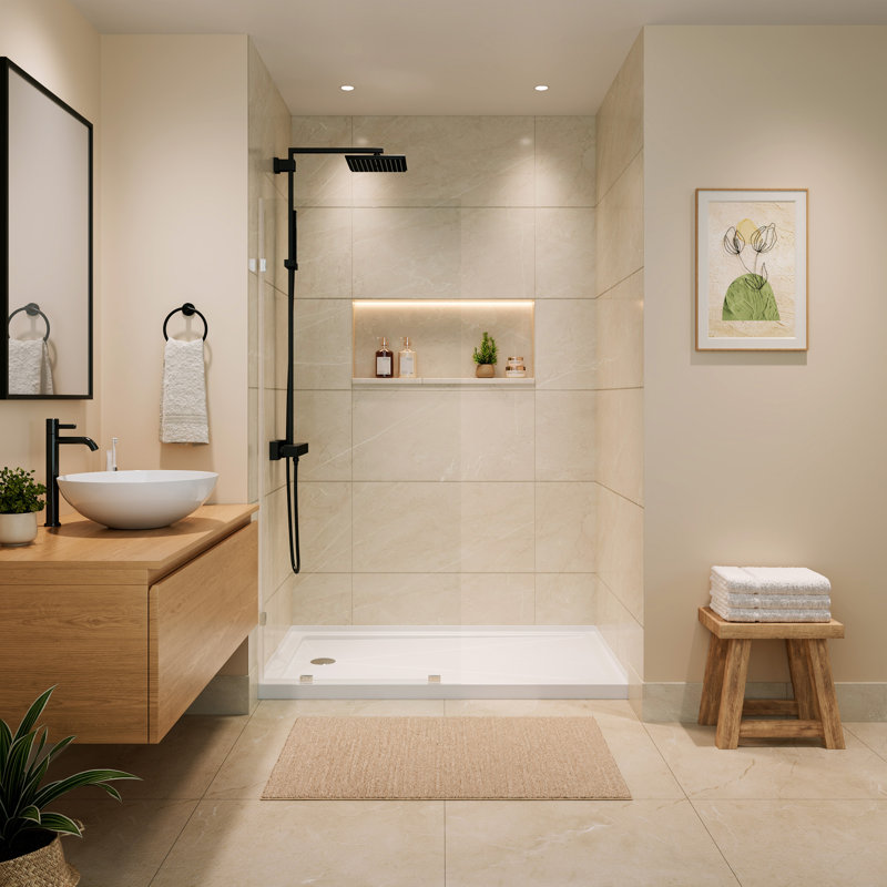 DeerValley 60"L X 34"W Shower Base in White with Single Threshold, Rectangle Acrylic Alcove Shower Pan for Bathroom Right Drain Location