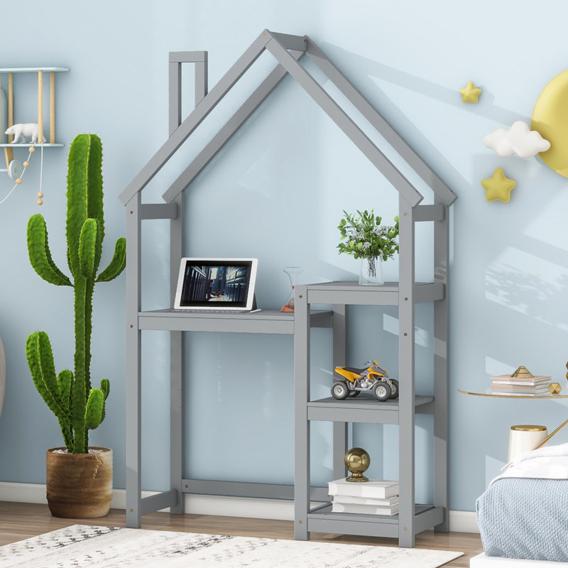 Bureau en bois en forme de maison, table d'étude pour enfants, bibliothèque et rangement pour jouets, Gris