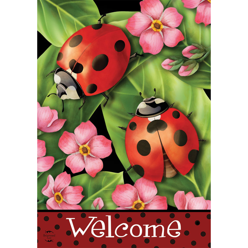 Drapeau de jardin coccinelles sur feuilles, Printemps rouge/rose/vert