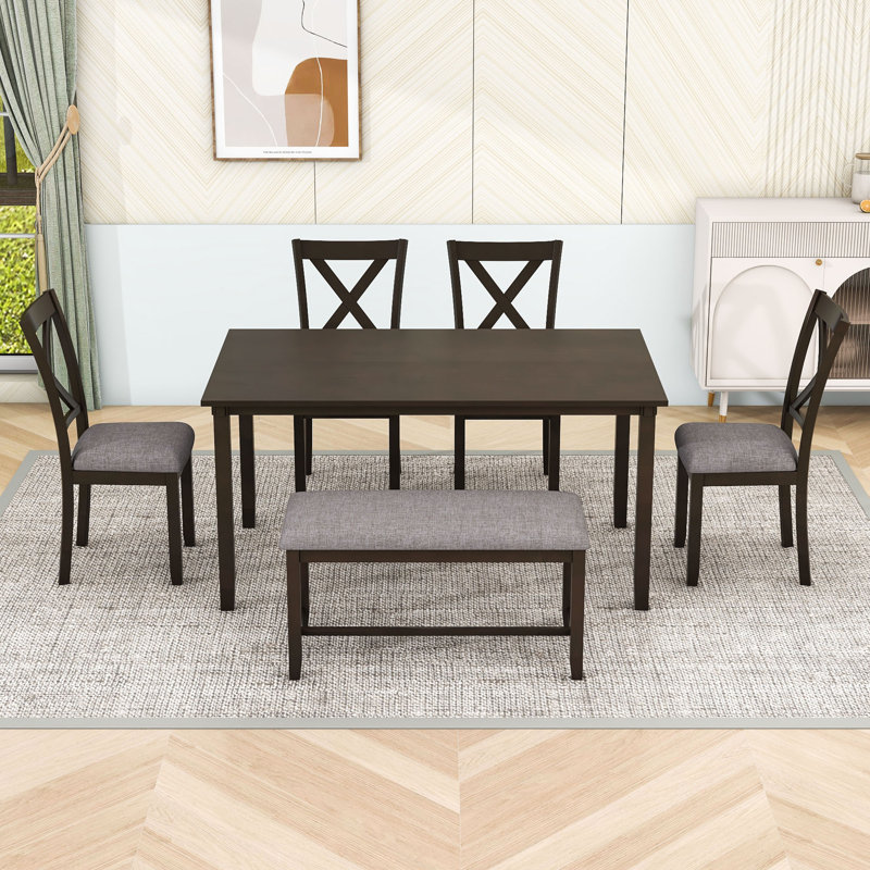 Ensemble de salle à manger 6 pièces Gilverto, table rectangulaire en bois et banc et chaises rembourrées à dossier en X