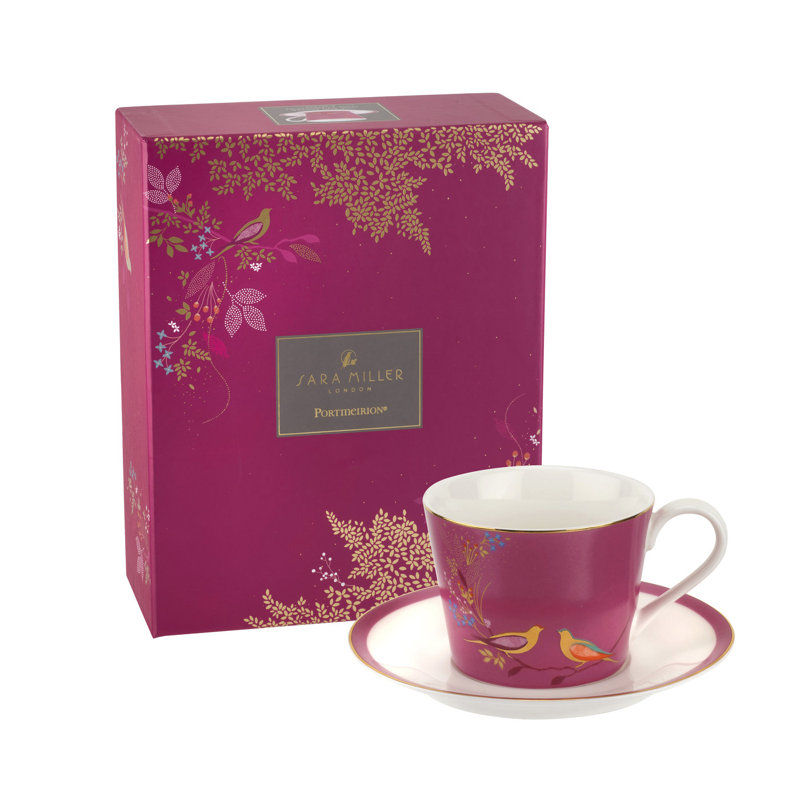Pink Ceramic Teacup and Saucer with 22K Gold Detailing