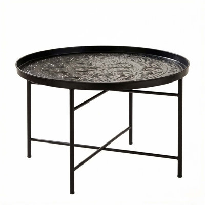 Handcrafted Metal Coffee Table with Floral Pattern, Adjustable Foot Pads, and Versatile Design for Living Rooms and Bedrooms.