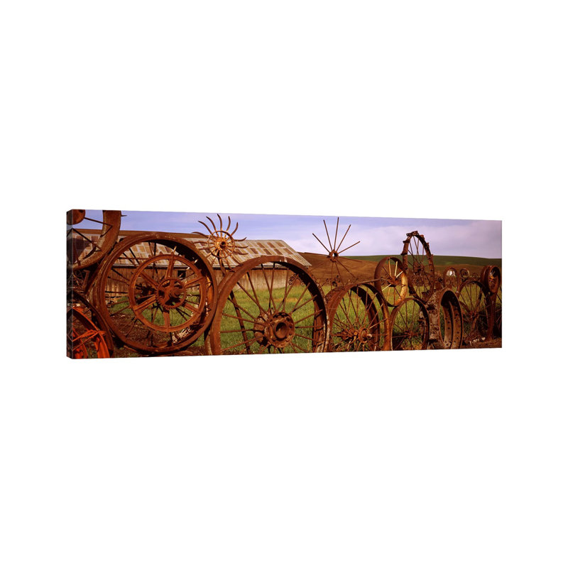 Old Barn With A Fence Made Of Wheels, PAlouse, Whitman County - Wrapped Canvas Panoramic Print