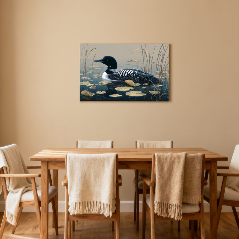 Tableau sur toile tendue « Plongeon huard dans un étang aux nénuphars » (lot de 1), H 20 po x l 30 po