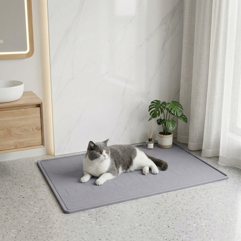 Tapis de litière en silicone avec jouet pour chat, grand 38 po x 25 po, imperméable et facile à nettoyer pour bac à litière, antidérapant, protège les planchers de bois franc et les tapis, gris
