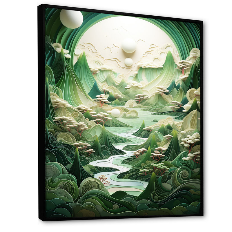 Fantaisie, émeraude, lévitation, paysages sur toile, Cadre flottant noir, H 32 po x l 24 po x P 1 po
