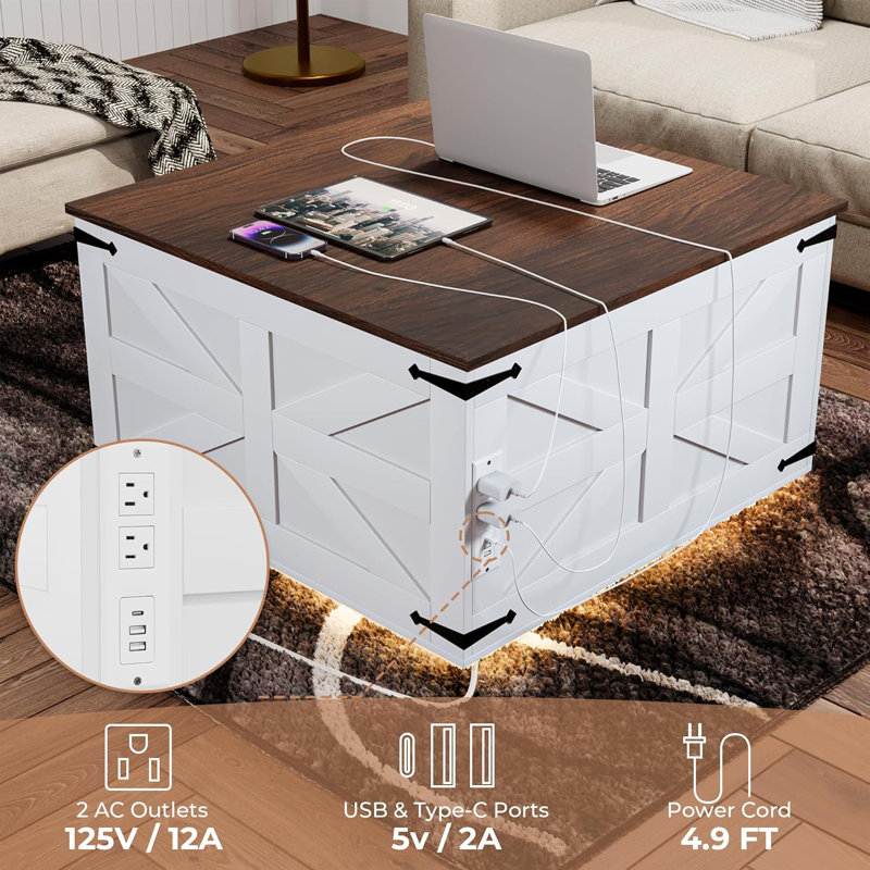 White and Dark Brown Square MDF Lift-Top Coffee Table with LED Lights