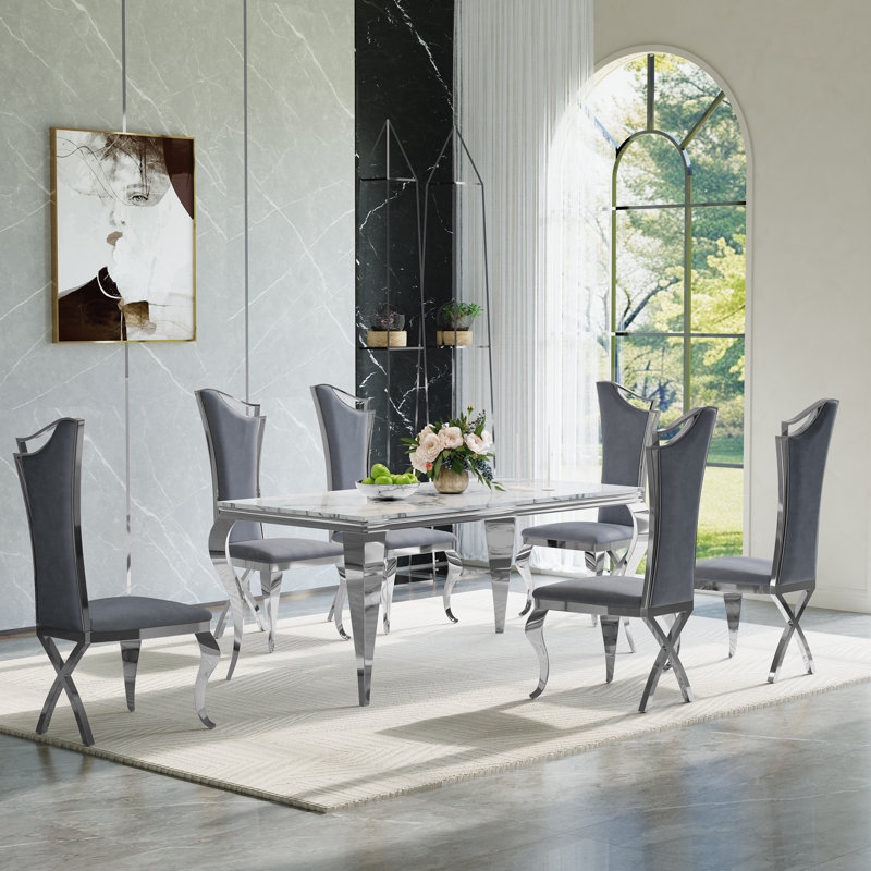 7-Piece Modern Dining Set with Faux Marble Table and Upholstered Chairs – Velvet & PU Options, Stainless Steel Legs, Seats 6