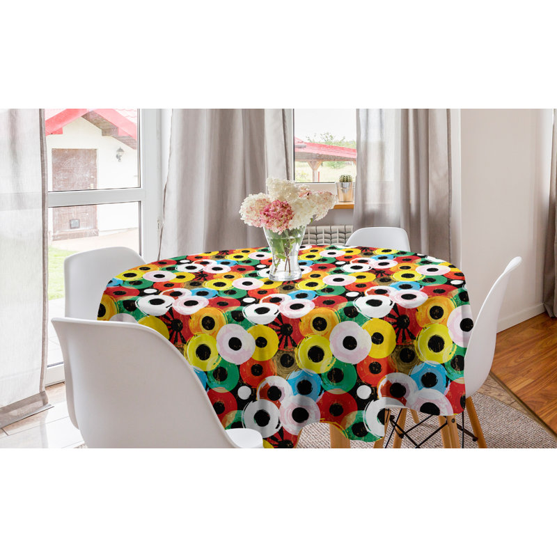 Ambesonne Retro Round Tablecloth, Records Vinyl Style Disc Shaped Vivid Rings With Strokes And Splashes Grunge Graphic, Circle Table Cloth Cover For Dining Room Kitchen Decoration, 60", Multicolor