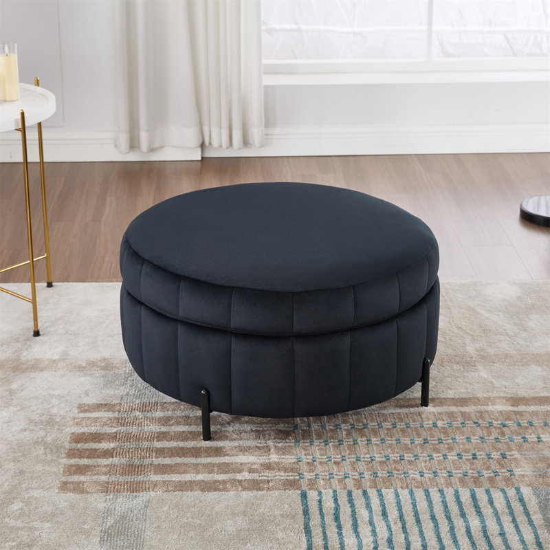 31.5"W Upholstered Round Ottoman With Reversible Lid, Velvet Storage Stool, Channel Tufted Pumpkin-Shape Footstool For Living Room, Bedroom And Office,Black