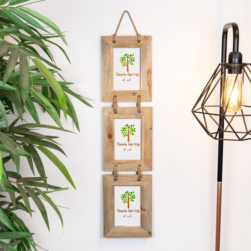 Nicola Spring - Rustic Wooden Hanging 3 Photo Frames - 4 x 6" - Natural