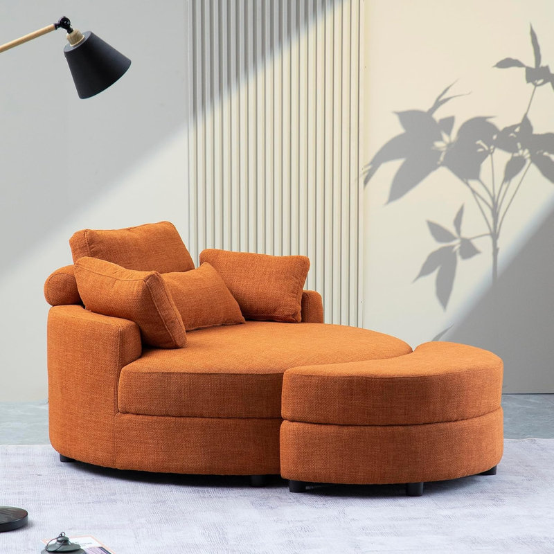 Orange Modern Curved Upholstered Sofa With Ottoman, Comfy Accent Chair Set For Living Room, Orange