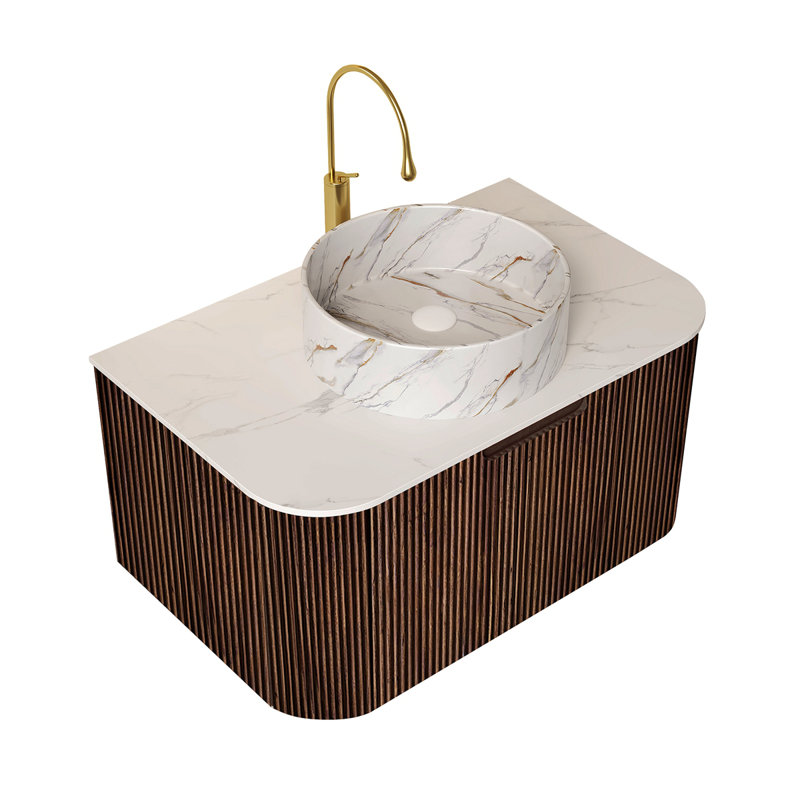 Meuble-lavabo de salle de bain 30 po avec lavabo, lavabo à fixation murale à bords arrondis flottants avec tiroir, lavabo en céramique blanc sans robinet, pré-assemblé, couleur grain de bois noyer foncé