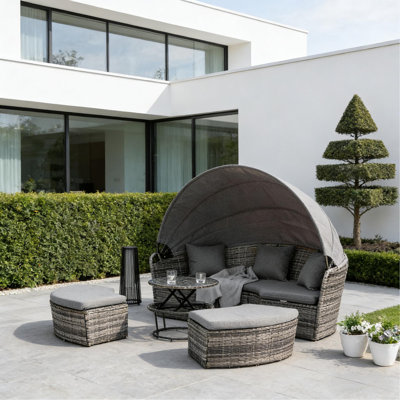 Élégant ensemble de meubles de patio convertible, ensembles de conversation pour meubles d'extérieur, lit de jour rond en rotin 4 pièces