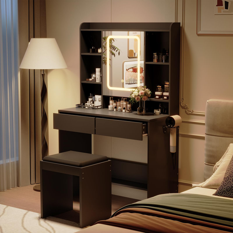 Bureau de coiffeuse avec miroir et lumières, prises USB, support pour sèche-cheveux, lumière DEL réglable avec 3 modes d'éclairage