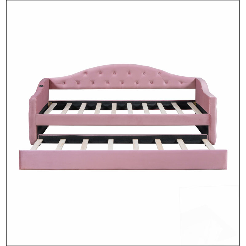 Lit de jour capitonné avec couchette, USB et ports de charge Type-C, Rose