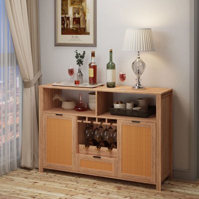Bay Isle Home™ Bar Cabinet With 2 Rattan Doors, Wine Racks And Drawers For Dining Room And Living Room