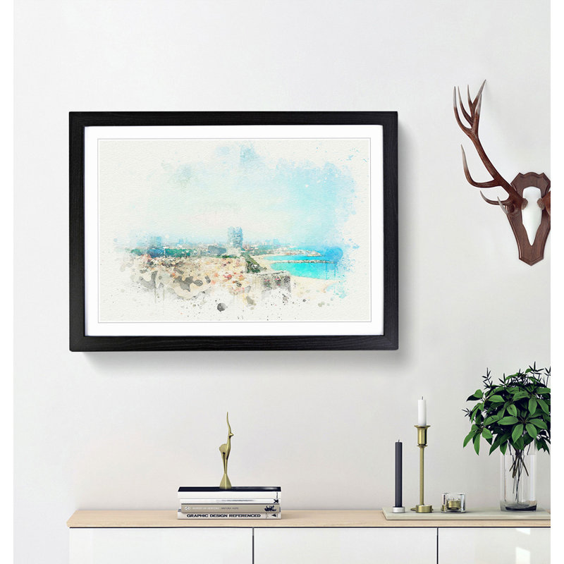 The Barcelona Skyline in Spain in Abstract - Picture Frame Graphic Art Print, 36cm H x 48cm W x 2cm D, Black Framed