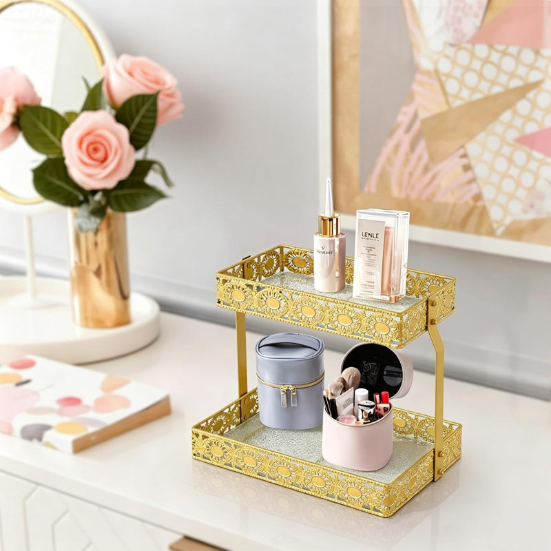 Plateau de rangement en verre à deux couches avec coiffeuse portative