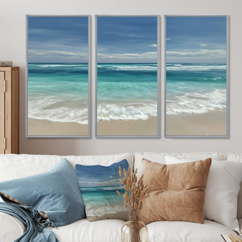 Oasis océanique bleue et blanche au Mexique - Ensemble d'art mural plage, H 40 po x l 60 po, Reproduction avec cadre flottant