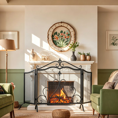 54"W x 31.5"H Black 3-Panel Folding Iron Fireplace Screen, Classic Scrollwork Freestanding Spark Guard