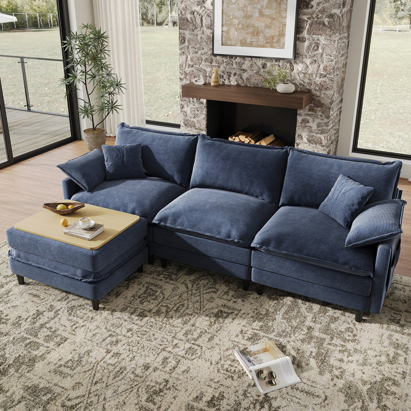108'' Comfy  L Shaped Sectional Modular Deep Cloud Sofa with Ottoman- Premium Fabric, Blue