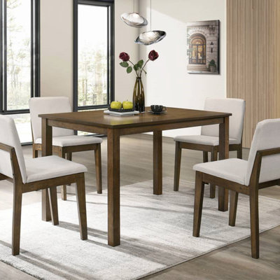 Dark Walnut Finish 5Pc Dining Room Set Dining Table 4X Chairs Beige Fabric Chair Seat Kitchen Breakfast Dining Room Furniture Rubberwood Veneer Unique