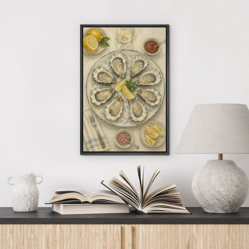 Crème et or, coquille d'huître, plateau de fruits de mer, reproduction d'art sur toile encadrée, 24" H x 16" W x 1.5" D