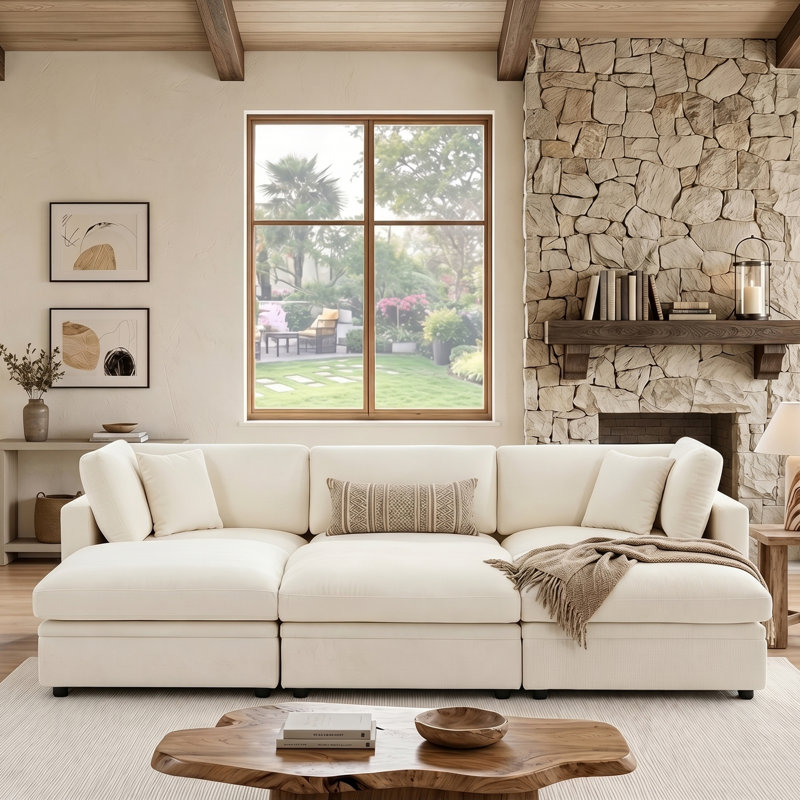 118.5” Oversized Cloud Modular Sectional Down Filled 6-Seater Sofa With Storage Ottomans, Beige