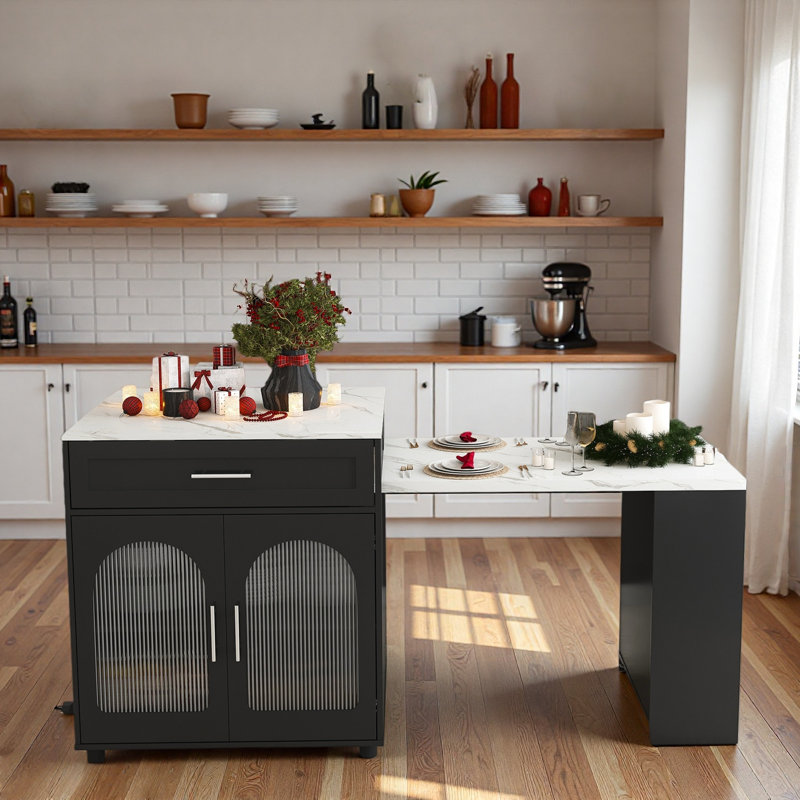 Expandable Kitchen Island With Dining Table, Power Outlet, 2 Drawers, Open Shelves And Movable Wheels, Black