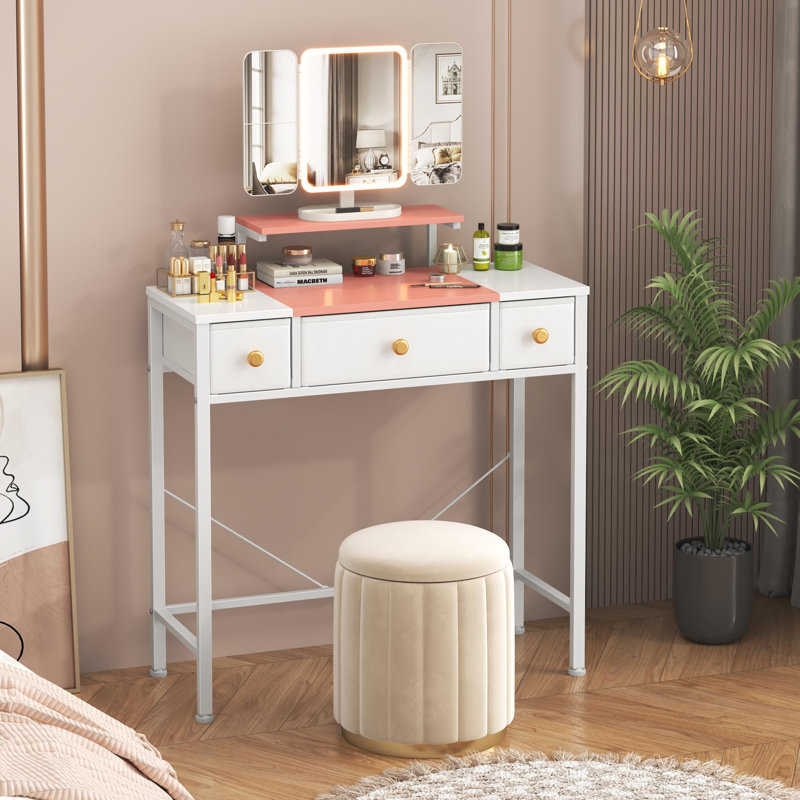 Dressing Table with Mirror, White/Pink