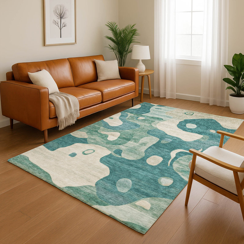 Tapis abstrait lavable à la machine de qualité supérieure Mayfield AMF2063, 2 pi 6 po x 3 pi 10 po, Sarcelle