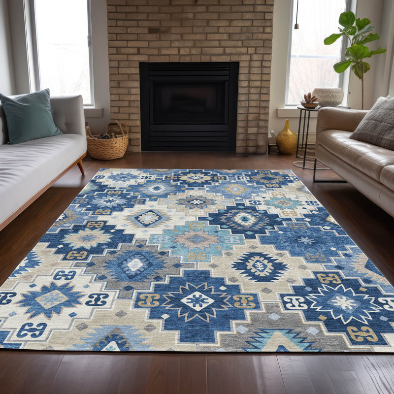 Tapis bleu intérieur / extérieur lavable à la machine Xhevrie, Rectangulaire 3 pi x 5 pi