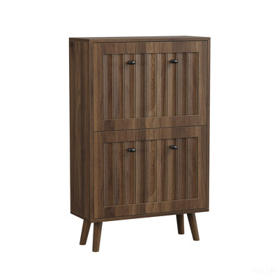 Medieval-style modern shoe cabinet, upright shoe storage unit with vertical grooved finish, walnut-colored shoe cabinet, suitable for hallways, passageways and entrances
