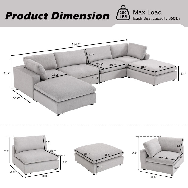 Zantos 6-Piece Upholstered Sectional with Ottomans, Light Gray, Fabric
