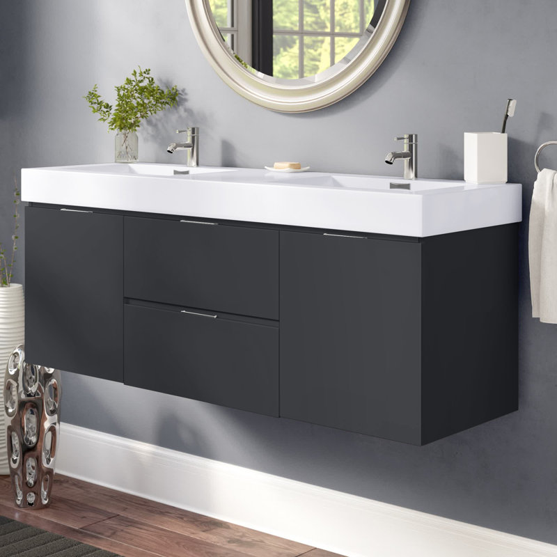 Ensemble de meuble-lavabo double mural 59 po Royka, Noir
