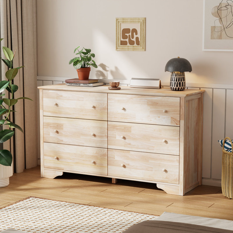Armoire à six tiroirs à double rangée en bois d'hévéa naturel et panneau de fibres à densité moyenne (1 pièce)