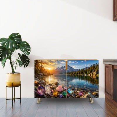 Buffet Buffet avec rangement Magical Mountain Lake Pierres précieuses colorées Rocky Shore Pine Forest avec 2 portes pour le salon et la cuisine
