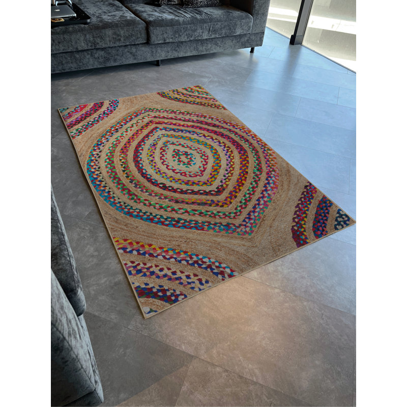 Tapis décoratif moderne à motif géométrique abstrait multicolore beige, Rectangle 4 pi 11,06 po x 9 pi 10,11 po